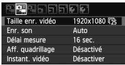 Taille enr. vidéo 1920x1080 Enr. son Auto Délai mesure 16 sec. Aff. quadrillage Désactivé Instant. vidéo Désactiver