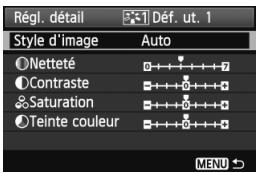 Régl. détail Style d'image Auto Netteté Contraste Saturation Teinte couleur Déf. ut. 1 MENU