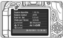 Espace diponible 1.90 Go Espace couleur sRVB Écart br. Bal 0,0/±0 Visée par l'écran Activée Activé Déactivé 30 sec. Ouï Activé 28/02/2011 13:30:00