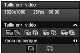 Taille enr. vidéo 1920x1080 25fps 60:00 Taille enr. vidéo 1920 25 1920 24 1280 50 1640 25 Zoom numérique OFF 3-10