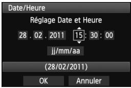 Date/Heure Réglage Date et Heure 28 . 02 . 2011 15 : 30 : 00 jj/mm/aa (28/02/2011) OK Annuler