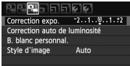 Correction expo. -2..1..0..1..2 Correction auto de luminosité B. blanc personnel. Style d'image Auto