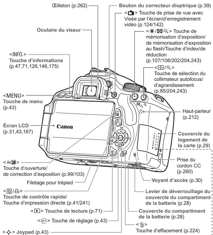 Œilleton (p.262) Oculaire du viseur Touche d'informations (p.47,71,126,146,175) Touche de menu (p.43) Écran LCD (p.31,43,167) Canon Touche d'ouverture/ de correction d'exposition (p.99/103) Filetage pour trépied Touche de contrôle rapide/ Touche d'impression directe (p.41/241) Touche de lecture (p.71) Touche de réglage (p.43) Joypad (p.43) Bouton du correcteur dioptrique (p.39) Touche de prise de vue avec Visée par l'écran/d'enregistrement vidéo (p.124/142) Touche de mémorisation d'exposition/ de mémorisation d'exposition au flash/Touche d'index/de réduction (p.107/108/202/204,243) /Q> Touche de sélection du collimateur autofocus/ d'agrandissement (p.85/204,243) Haut-parleur (p.212) Couvercle du logement de la carte (p.29) Prise du cordon CC (p.260) Voyant d'accès (p.30) Levier de déverrouillage du couvercle du compartiment de la batterie (p.28) Couvercle du compartiment de la batterie (p.28) Touche d'effacement (p.224)