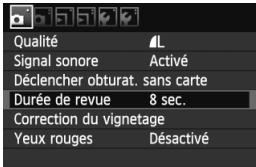 Qualité Signal sonore Déclencher obturat. sans carte Durée de revue Correction du vignetage Yeux rouges L Activé 8 sec. Désactivé