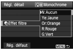 Régl. détail Monochrome N:Aucun Ye:Jaune Effet filtre Or:Orange R:Rouge G:Vert Rég. défaut MENU