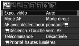 Expo. vidéo Auto Mode AF Mode direct AF avec déclencheur pendant Déclench./Touche verr. AE Télécommande Désactivée Priorité hautes lumières