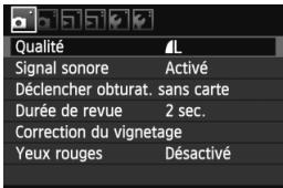 Qualité Signal sonore Déclencher obturat. sans carte Durée de revue Correction du vignetage Yeux rouges Activé 2 sec. Désactivé