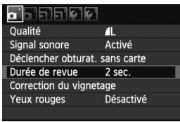 Qualité Signal sonore Déclencher obturat. sans carte Durée de revue Correction du vignetage Yeux rouges L Activé 2 sec. Désactivé