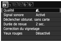 Qualité Signal sonore Activé Déclencher obturat. sans carte Durée de revue 2 sec. Correction du vignetage Yeux rouges Désactivé