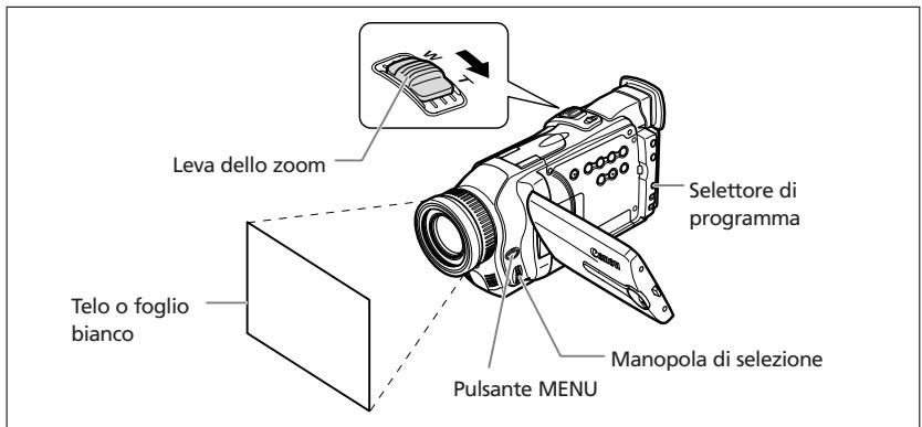 Leva dello zoom Telo o foglio bianco Pulsante MENU Selettore di programma Manopola di selezione