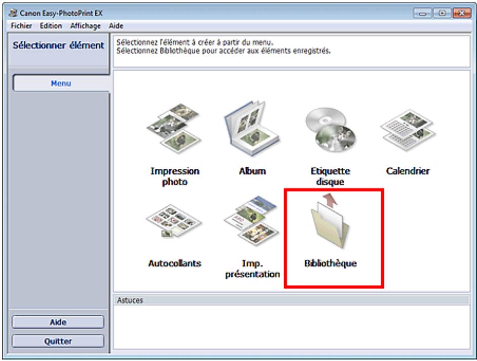 CANON PIXMA IP4850 - Cliquez sur Bibliothèque sous Menu. - 1