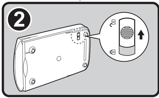 Diagram showing a device component with an inset view highlighting a button or switch, labeled with number 2 and an upward arrow.