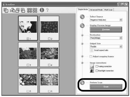 ScanCrop Single Mode Advanced Mode Multi Scan 1 Select Source Negative (HighColor) 2 Display Preview Image Preview Destination Pain(300dpi) Output Size Tenable Inlet aspect ratio Adjust cropping frames Image conceptions Fading correction Backlight correction 3 Perform Scan Scan