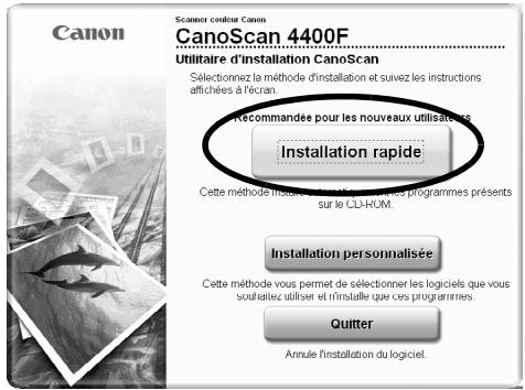 Canon Scanout creator Canon CanoScan 4400F Utilitaire d'installation CanoScan Sélectionnez la méthode d'installation et suivez les instructions affichées à l'hucan. Recommande pour les nouveaux utilisées Installation rapide Cette méthode l'ésteur le logiciel des programmes présents sur le CLI-RUM. Installation personnalisée Cette méthode vous permet de sélectionner les logiciels que vous souhaitez utiliser et m'installe que ces programmes. Quitter Annule l'installation du logiciel.