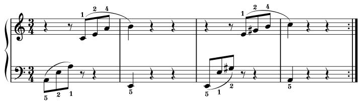 Musical score snippet with treble and bass clefs, marked musical notes and dynamic markings