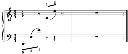 Musical score snippet showing treble and bass clefs with notes, rests, and articulation marks
