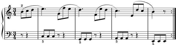 Musical score snippet with treble and bass clefs, showing notes and rests in 4/4 time signature