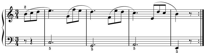 Musical score snippet with treble and bass clefs, showing notes, rests, and articulation marks