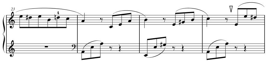 Musical score snippet with treble and bass clefs, showing notes, rests, and articulation marks