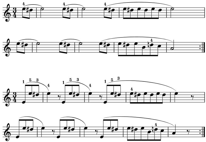Musical score snippet with treble and bass clefs, showing notes and rhythmic patterns for a 5/4 time signature.