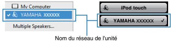 YAMAHA RX-V473 - Sur iTunes ou l'iPod, cliquez (appuyez) sur l'icone AirPlay et selectionnez l'unité (nom du réseau de l'unité) comme apparéil de sortie audio. - 1