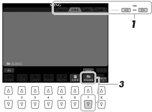 YAMAHA TYROS5 - Sur l'écran File Selection, Sélectionnez l'onglet approprié (USER, HD ou USB) dans lequel vous souhaitez créé un nouveau dossier, en vous servant des touches [▲][▶] de la section TAB. - 1