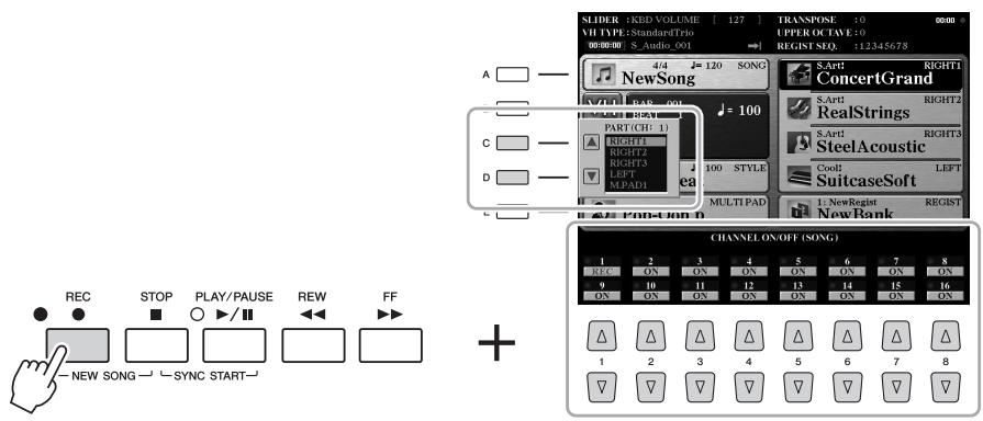 YAMAHA TYROS5 - Tout en maintainant enforcée la touche [REC] de la section SONG, appuyez sur les touches [1 ▲▼]–[8 ▲▼] pour régler les canaux de votre choix sur « REC ». - 1