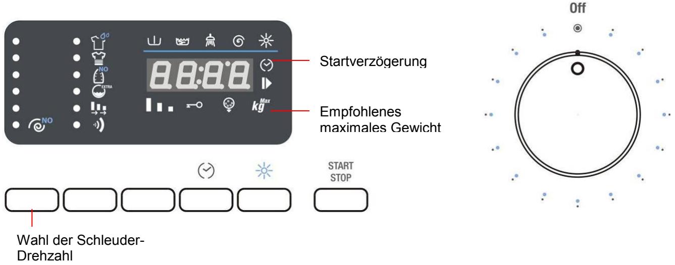 Startverzögerung Empfohlenes maximales Gewicht START STOP Wahl der Schleuder-Drehzahl Off