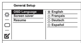 General Setup OSD Language Screen saver Resume English Français Deutsch Español
