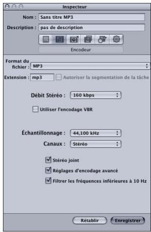 APPLE COMPRESSOR 4 - À propos de la sous-fenêtre Encodeur MP3 - 1