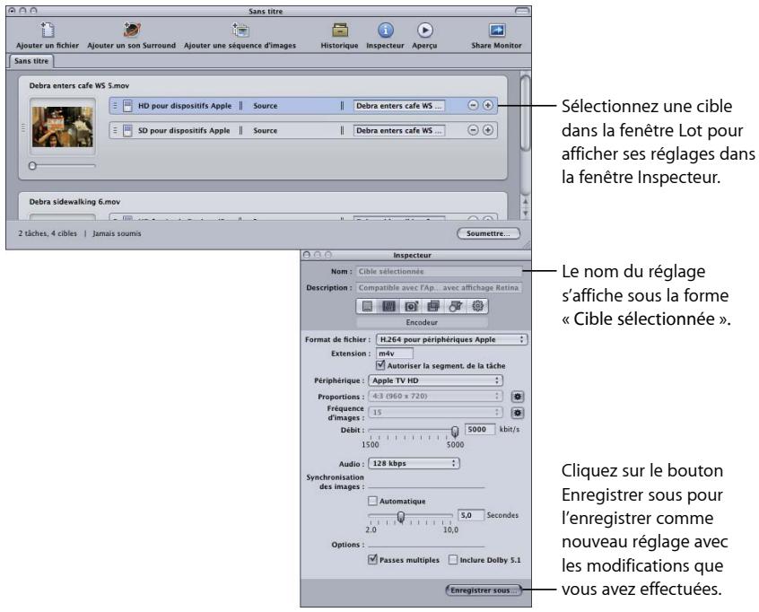 APPLE COMPRESSOR 4 - Pour modifier un réglage associé à un fichier multimédia source dans la fenêtre Lot - 1