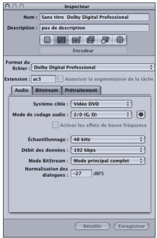 APPLE COMPRESSOR 4 - À propos de la sous-fenêtre Encodeur Dolby Digital Professional - 1