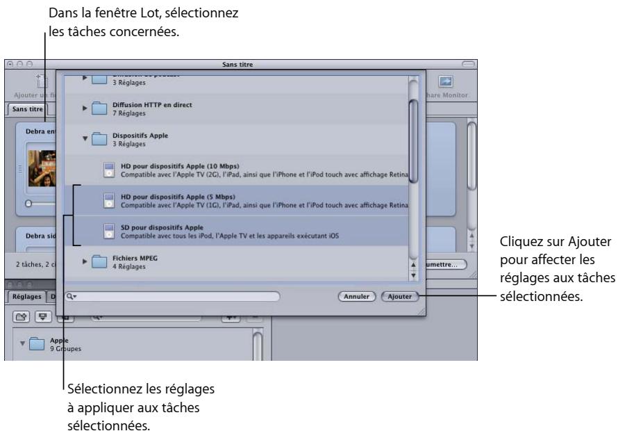 APPLE COMPRESSOR 4 - Pour afferter un réglage à une tâche à l'aide du menu Cible - 1