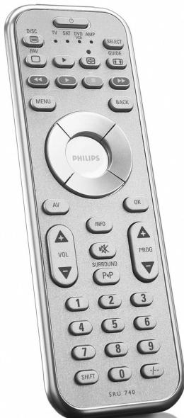 DISC TV SAT DVD AMP SELECT TIF GUIDE MENU BACK PHILIPS AV VOL SURROUND P-P INFO PROG 1 2 3 4 5 6 7 8 9 SHIFT 0 SRU 740