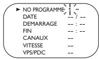 NO PROGRAMME 1 = DATE -- / -- DEMARRAGE -- : -- FIN -- : -- CANAUX -- VITESSE -- VPS/PDC --