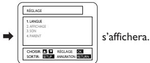 RÉGLAGE 1. LANGUAGE 2. AFFRCHAGE 3. SON 4. PARENT CHOISIR: ▲ RÉGLAGE OK SORTIR: SETUP ANNURATION RESULT s'affichera.