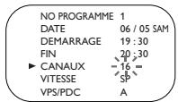 NO PROGRAMME 1 DATE 06 / 05 SAM DEMARRAGE 19 : 30 FIN 20 : 30 ▶ CANAUX -16 = VITESSE SP VPS/PDC A