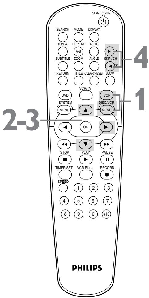 PHILIPS DVD750VR - RÉGLAGE AUTO se met à clignoter pendant que le lecteur DVD/magnétoscope effectue le réglage des canaux disponibles. Lorsque le réglage est terminé, le canal le plus bas disponible est affiché à l'écran du téléviseur. - 1