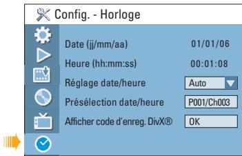 Config. - Horloge Date (jj/mm/aa) 01/01/06 Heure (hh:mm:ss) 00:01:08 Réglage date/heure Auto Présélection date/heure P001/Ch003 Afficher code d'enreg. DivX® OK