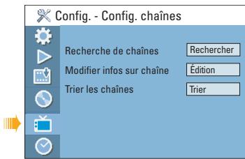 Config. - Config. chaînes Recherche de chaînes Modifier infos sur chaîne Trier les chaînes Rechercher Édition Trier