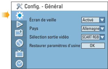 Config. - Général Écran de veille Activé Pays Allemagne Sélection sortie vidéo SCART RGB Restaurer paramètres d'usine OK