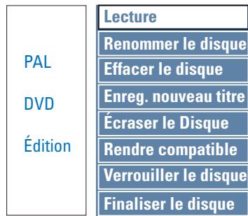 PAL DVD Édition Lecture Renommer le disque Effacer le disque Enreg. nouveau titre Écraser le Disque Rendre compatible Verrouiller le disque Finaliser le disque