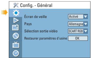 Config. - Général Écran de veille Activé Pays Allemagne Sélection sortie vidéo SCART RGB Restaurer paramètres d'usine OK