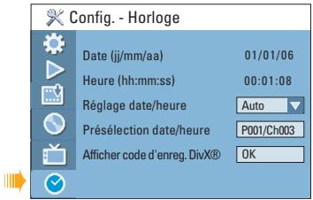 Config. - Horloge Date (jj/mm/aa) 01/01/06 Heure (hh:mm:ss) 00:01:08 Réglage date/heure Auto Présélection date/heure P001/Ch003 Afficher code d'enreg.DivX® OK