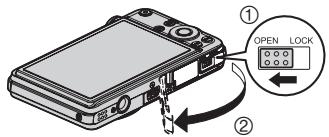 CASIO EXILIM 12.1 - Appuyez sur [ON/OFF] pour mettre l'appareil photo hors service, puis ouvrez le couvercle de batterie. - 1
