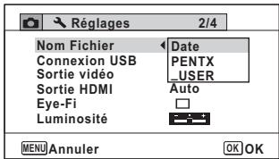PENTAX WG-3 - Utilisez le bouton de navigation (▲▼) pour sélectionner [Nom Fichier]. - 1