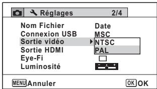 PENTAX WG-3 - Utilisez le bouton de navigation (▲▼) pour sélectionner un système de sortie vidéo. - 1