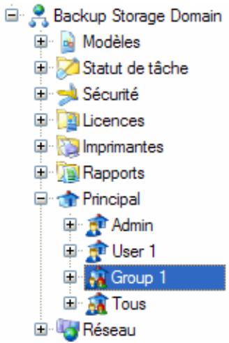 Backup Storage Domain + Modèles + Statut de tâche + Sécurité + Licences + Imprimantes + Rapports - Principal + Admin + User 1 + Group 1 + Tous + Réseau