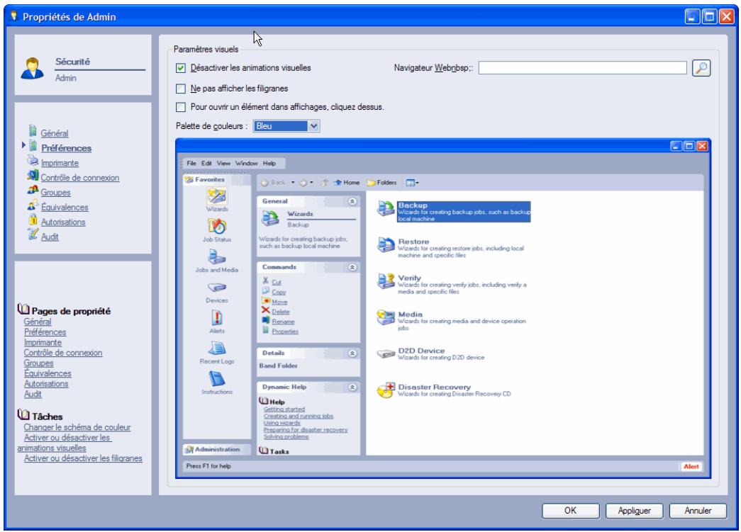 Propriétés de Admin Sécurité Admin Général Préférences Imprimante Contrôle de connexion Groupes Équivalences Autorisations Audit Pages de propriété Général Préférences Imprimante Contrôle de connexion Groupes Équivalences Autorisations Audit Tâches Changer le schéma de couleur Activer ou désactiver…