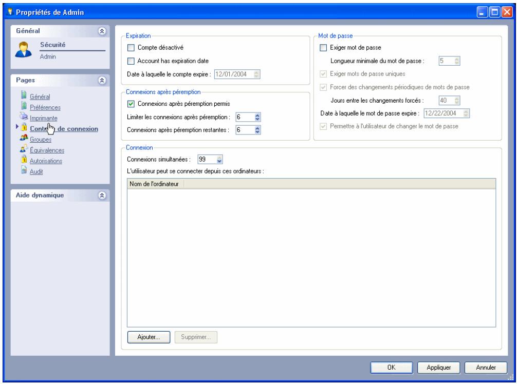 Propriétés de Admin Général Sécurité Admin Pages Général Préférences Imprimante Contrôle de connexion Groupes Équivalences Autorisations Audit Aide dynamique Expiration Compte désactivé Le compte a une date d'expiration Date à laquelle le compte expire : 12/01/2004 Connexions après péremption Connex…
